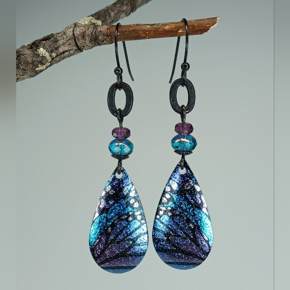 HAND CRAFTED Butterfly Wing Earrings Black Blue Purple Artisan Glass Fairycore - Picture 3 of 6
